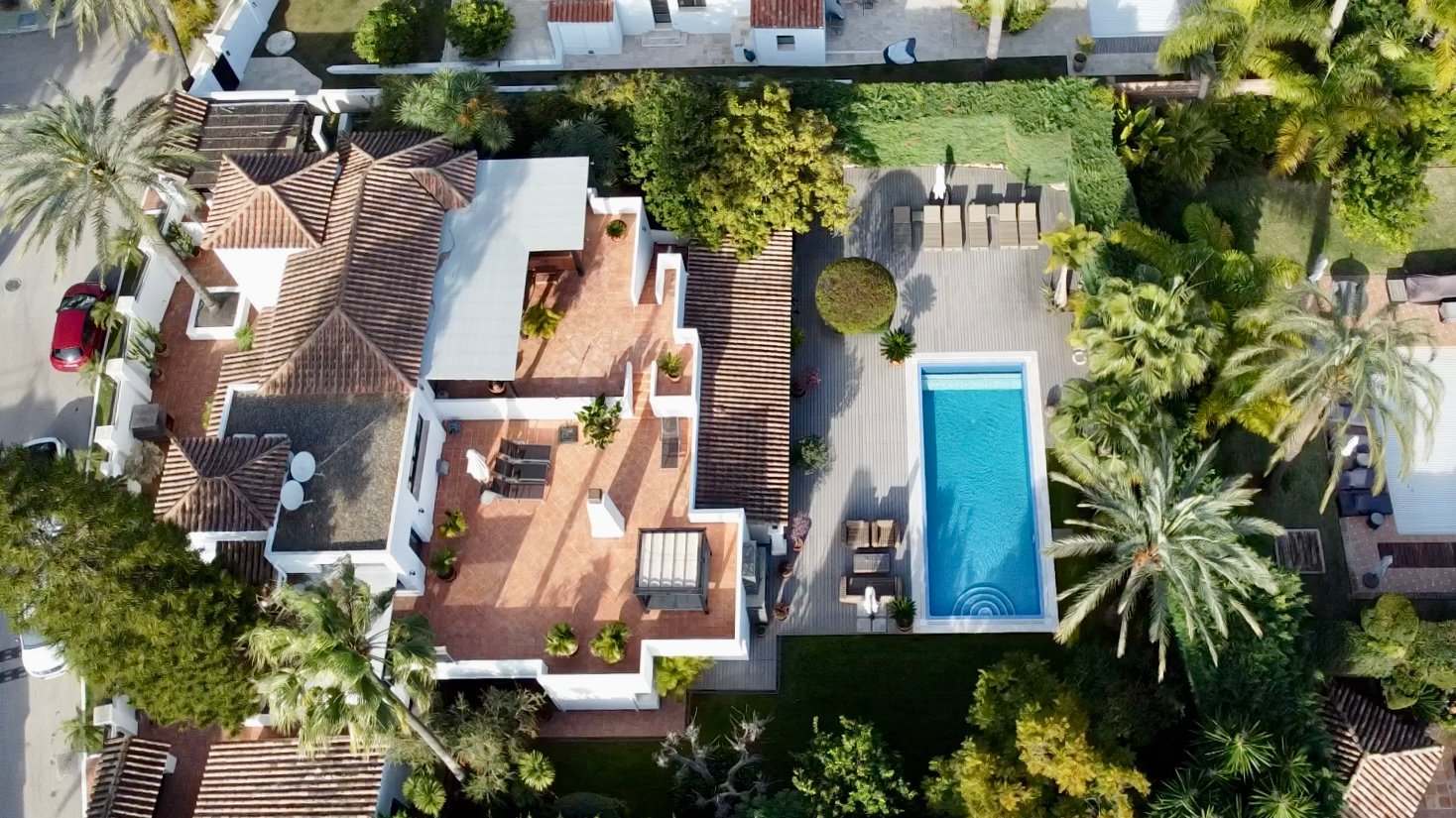 Aerial view of a villa with pool on the Costa del Sol