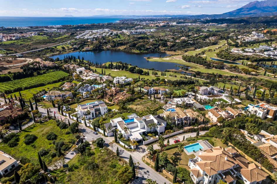 Aerial view of Los Flamingos golf and homes on the New Golden Mile