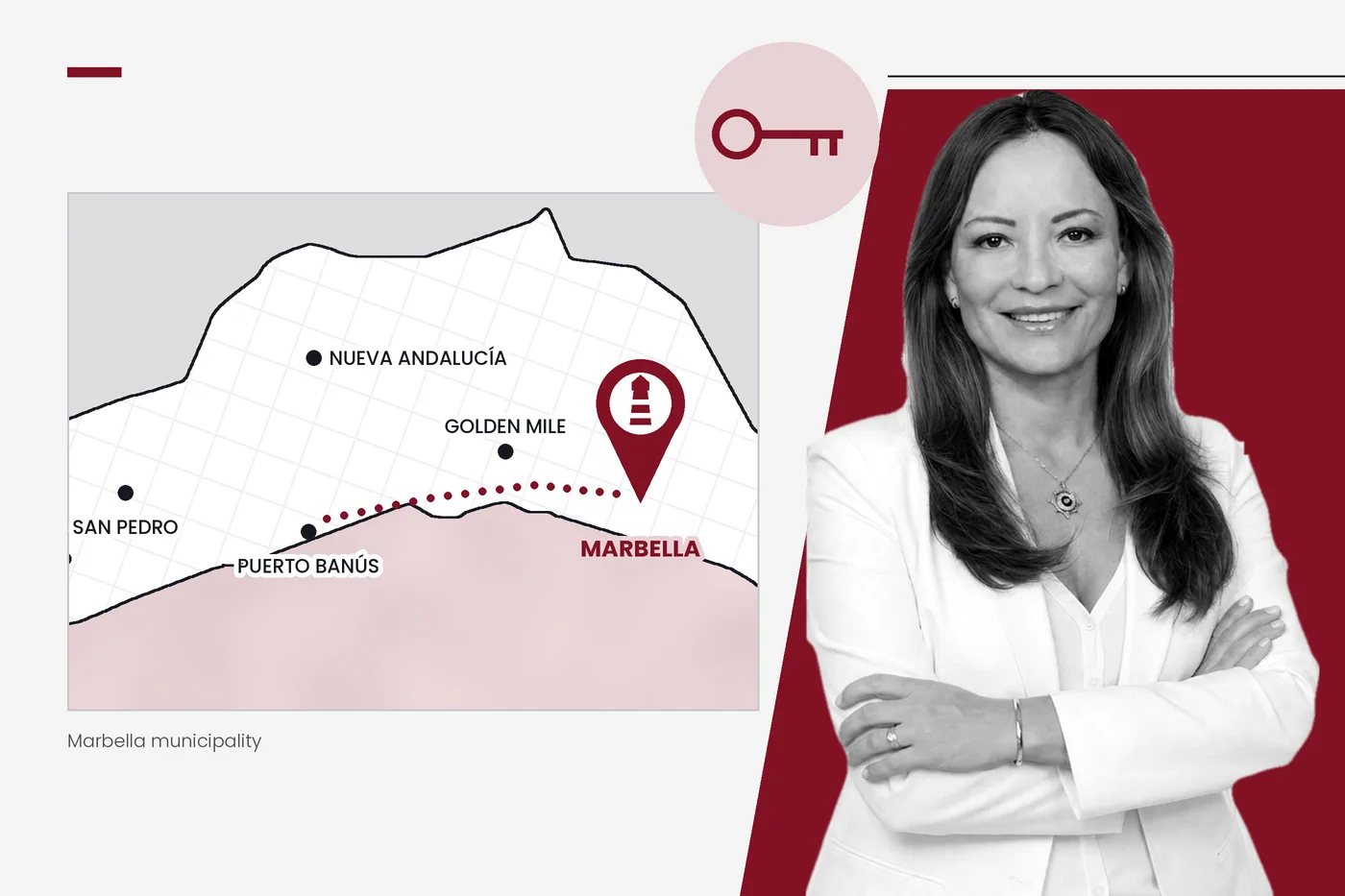 Fabiola Baquerizo, buyer representation in Marbella, with a map of Marbella